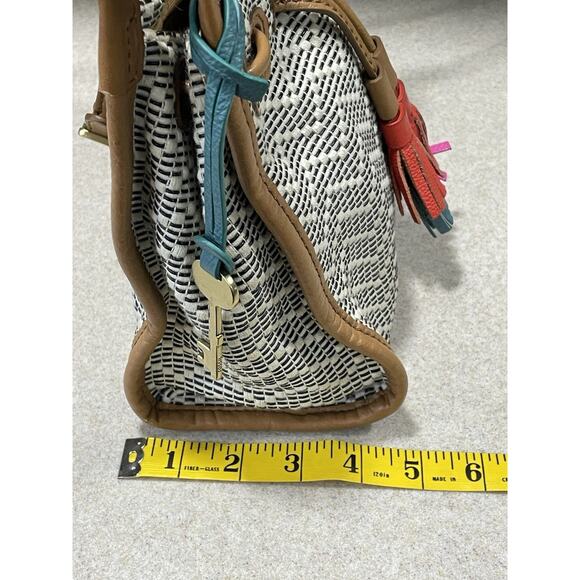 Fossil Claire Small Drawstring Bag Beige/Brown Woven W/Leather Trim Tassel 9x9 - Picture 13 of 14